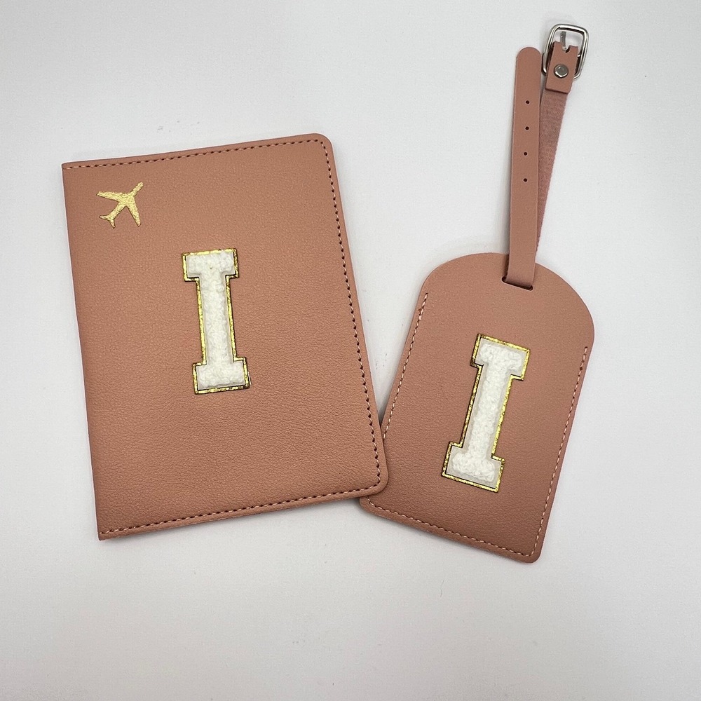 Initial I Passport Holder Luggage Tag Set Pink Chenille Letter Monogram Gift New